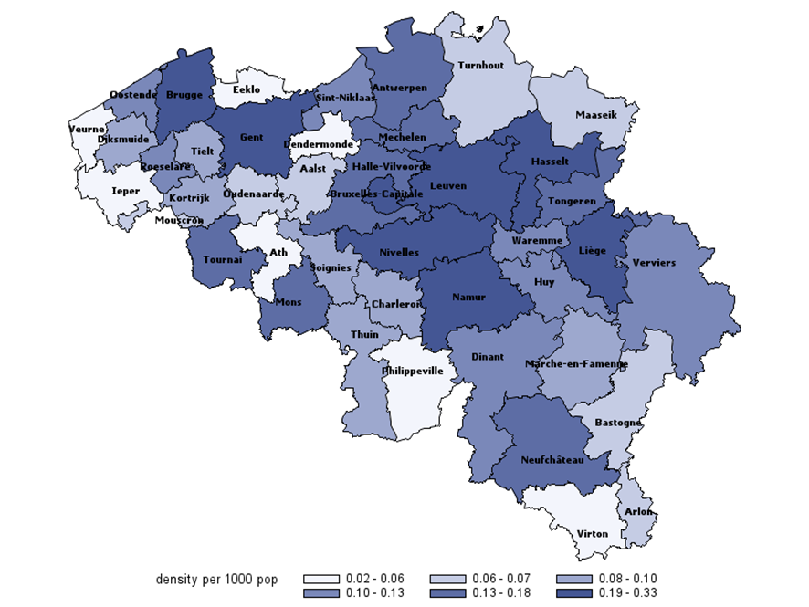 Aantal praktiserende psychiaters per 1000 inwoners (2016)