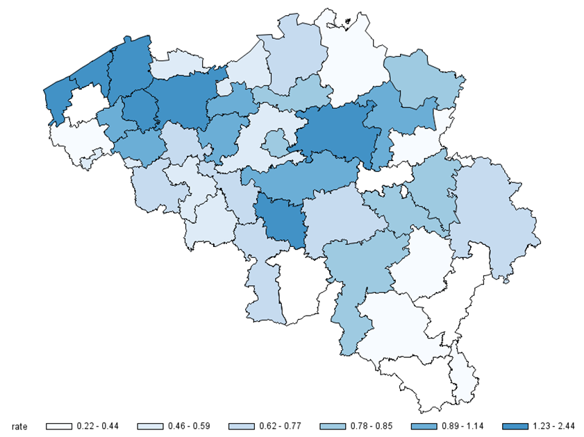 Aandeel (%) van de bezoeken aan de spoeddiensten om sociale, psychische of psychische redenen of zelfmoordpogingen per arrondissement (2016)