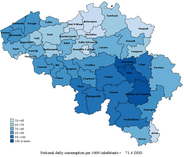 Antidepressivaconsumptie by patiëntregio (DDD per 1000 inw. per dag), per arrondissement (2013)