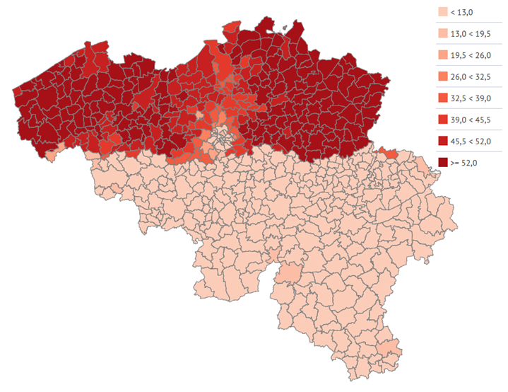 Coverage of organised breast cancer screening in women 50-69 years old, by municipality (2016)