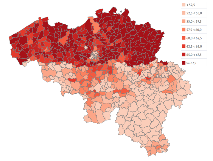 Total coverage of breast cancer screening in women 50-69 years old, by municipality (2016)
