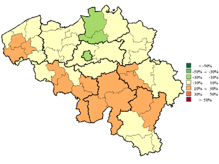 Volume geleverde antibiotica in de ambulante sector, DDD's per dag per 1000 verzekerde personen, gestandaardiseerde relatieve verschillen rond het nationale gemiddelde, per district (2016)