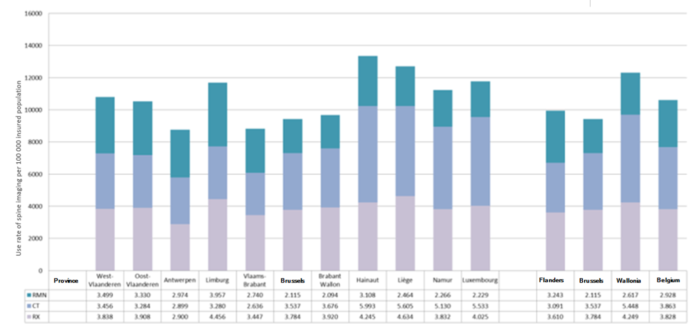 Gebruik van de beeldvormingswervelkolom (per 100 000 verzekerde personen) per gewest en per provincie (2017)