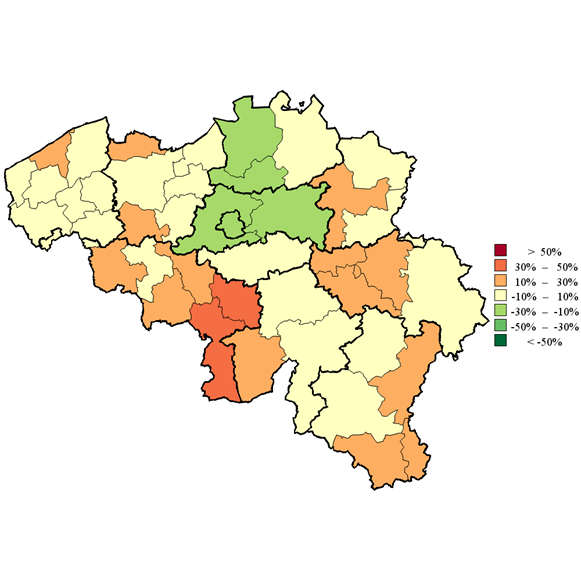 Medische beeldvorming van de wervelkolom: relatieve verschillen ten opzichte van het nationale gemiddelde per arrondissement (2015-2017, gestandaardiseerd