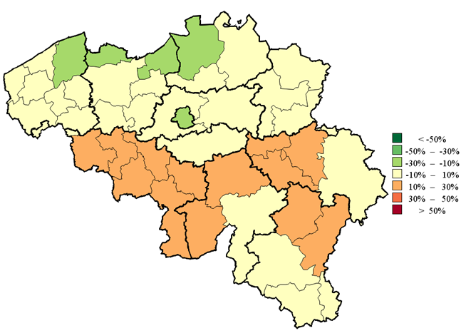 Verschil met het nationale gemiddelde van de verzekerde bevolking van 65 jaar en ouder die 5 of meer DDD-geneesmiddelen van >80 DDD per jaar gebruikt, per arrondissement (gemiddelde 2014-2016)