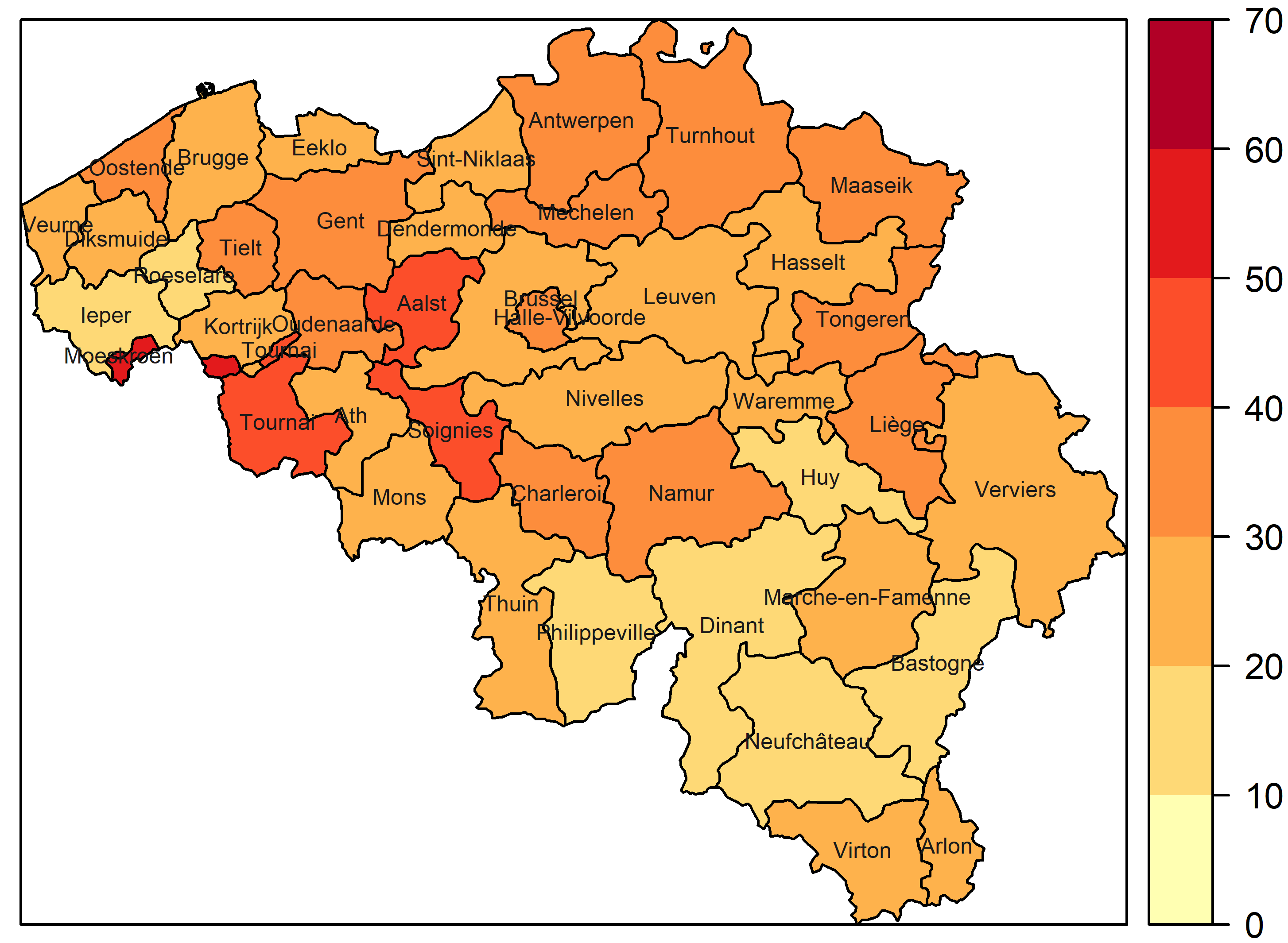 Ziekenhuisopnames voor astma per 100 000 inwoners van 15 jaar en ouder (per arrondissement, 2014)